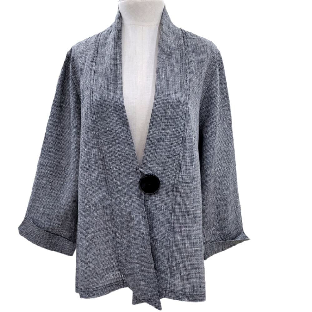 Moon Light linen blazer women's size medium black white woven lightweight hi low